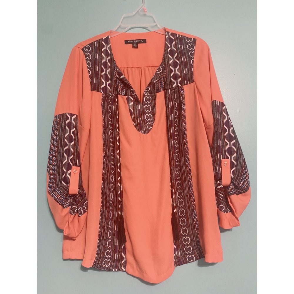SHARAGANO | Boho + Pink Long Sleeve Blouse Small